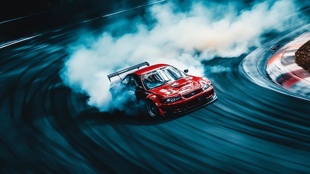 Photo a red car drifts around a racetrack with lots of smoke