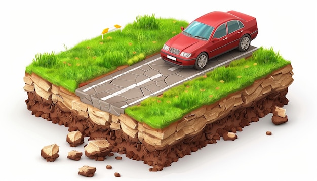 Photo red car driving on a cracked road with grassy edges and a crosssection of soil