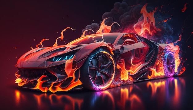 A red car on fire with flames on the bottom