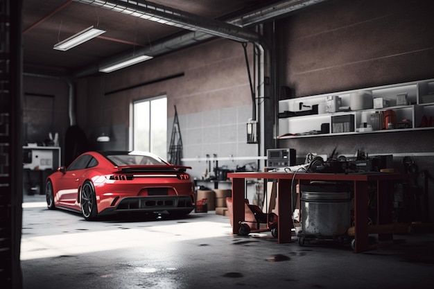 Red car in a garage with a table and tools on it