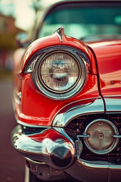 Red car has chrome headlight that is bright and shiny Generative AI