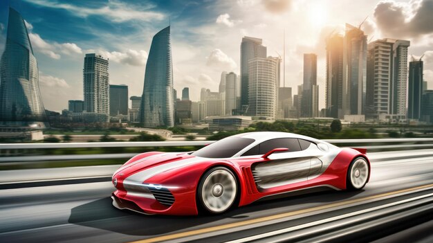 A red car on a highway with a city in the background.