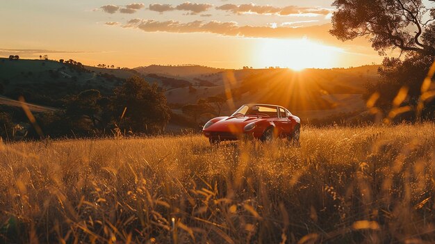 red car image with sunset