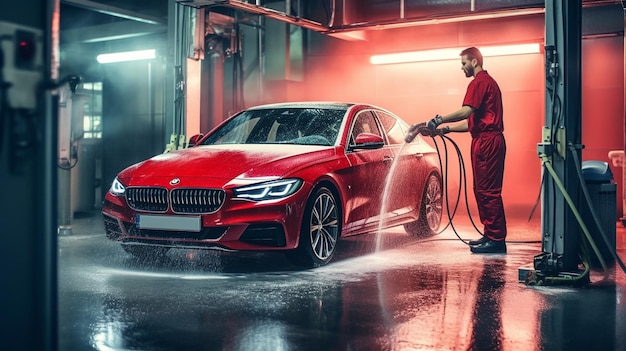 A red car is being washed in a garage with a man washing it.