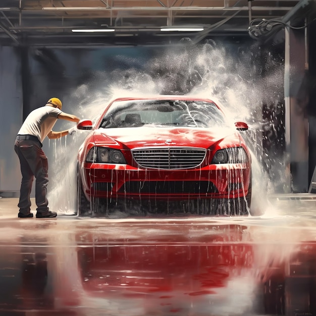 A red car is being washed in a garage