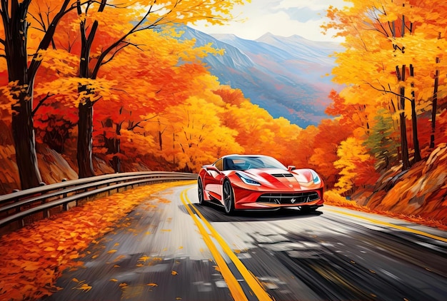 a red car is driving down a country road surrounded by fall leaves and tree in the style of bold