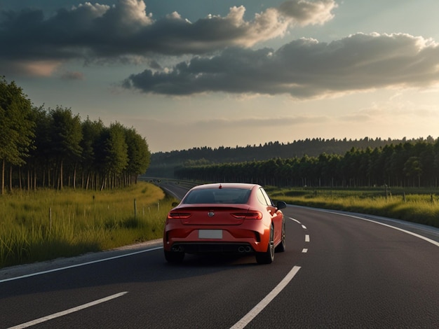 Photo a red car is driving down the road with the license plate number plate