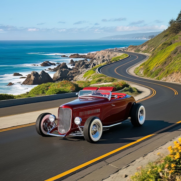 a red car is driving down a road with the ocean in the background