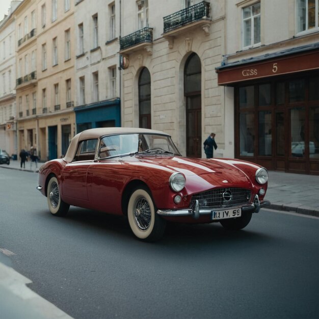 a red car is driving down the street in front of a store