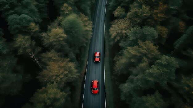 A red car is driving on a road with trees in the background.