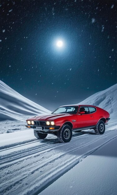 a red car is driving on a snowy road with the moon behind it