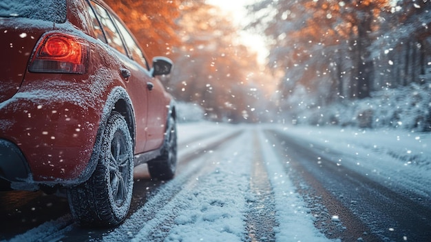 a red car is driving on a snowy road with the sun shining through the window