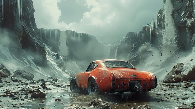 a red car is driving through a waterfall and a waterfall