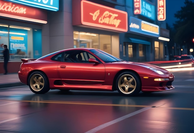 A red car is parked in front of a neon sign on a street