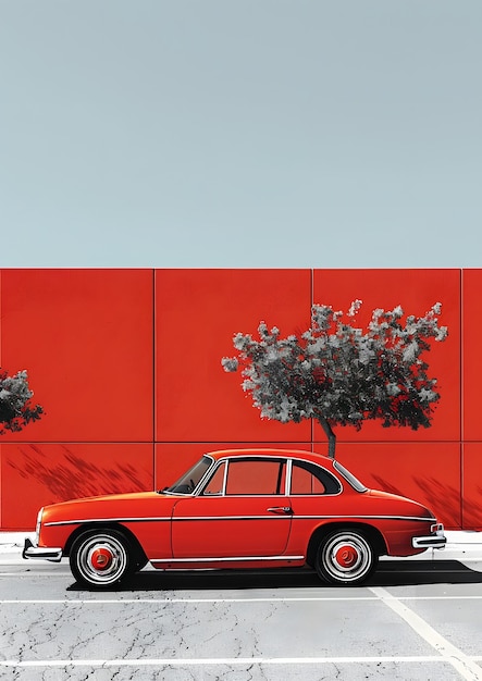 Photo a red car is parked in front of a red wall