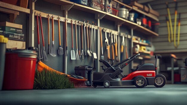 Photo a red car is parked in front of a wall with a broom and a broom