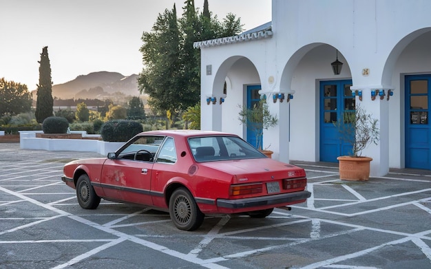 Photo a red car is parked in front of a white building with a blue door