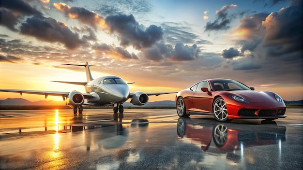 a red car is parked next to a plane and a jet is parked in front of a sunset