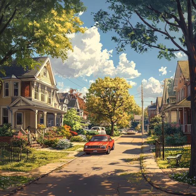 Photo a red car is parked on a quiet suburban street lined with houses trees and lush greenery under a bright blue sky