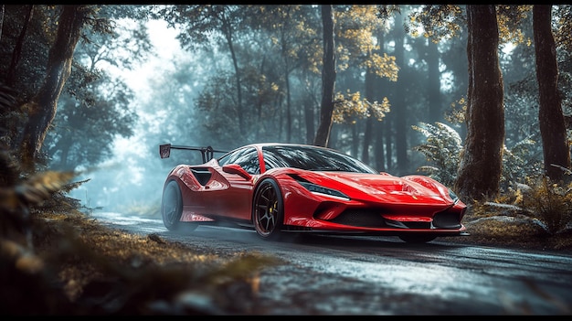 the red car is a supercar that is in the rain