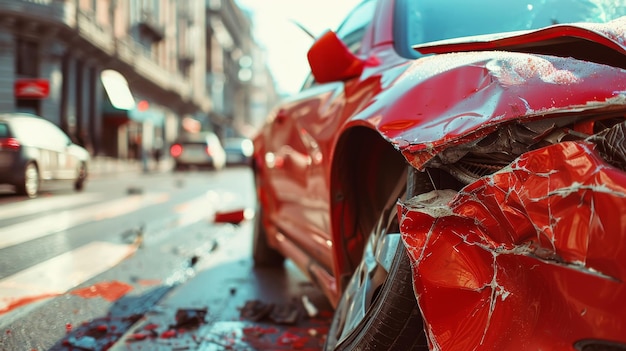 A red car is in a wreck on a rainy street