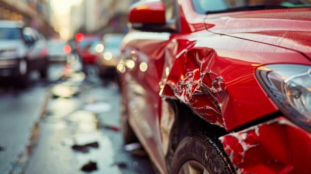 A red car is in a wreck on a rainy street