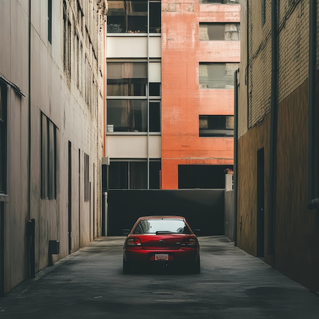 Photo a red car parked in a narrow city alleyway between tall buildings