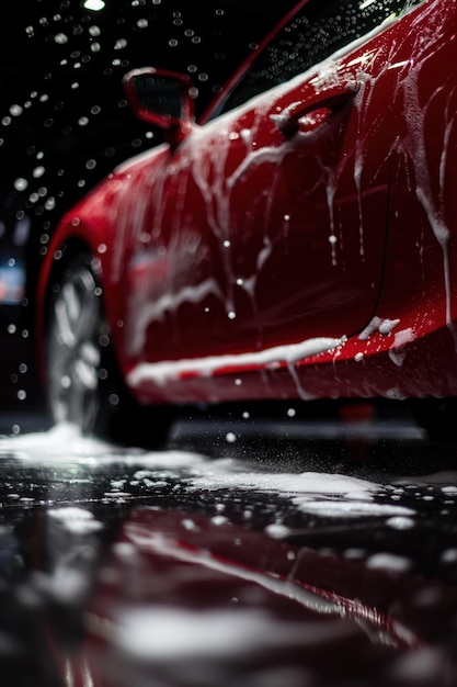 Red car parked on wet street with open hood revealing soapy water and clean interior Closeup of