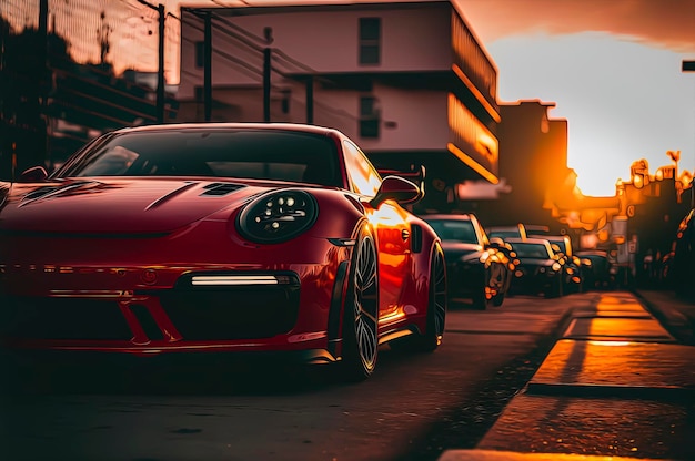 Red car parked with a sunset in the background