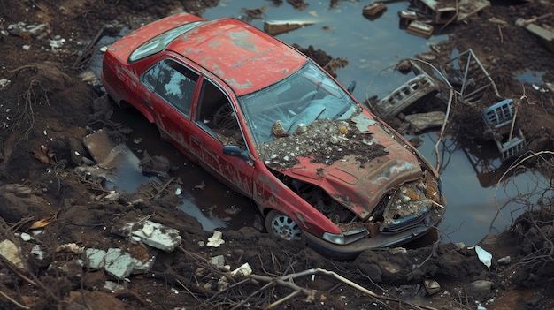 Red car partially submerged in muddy water among scattered debris in a wasteland area