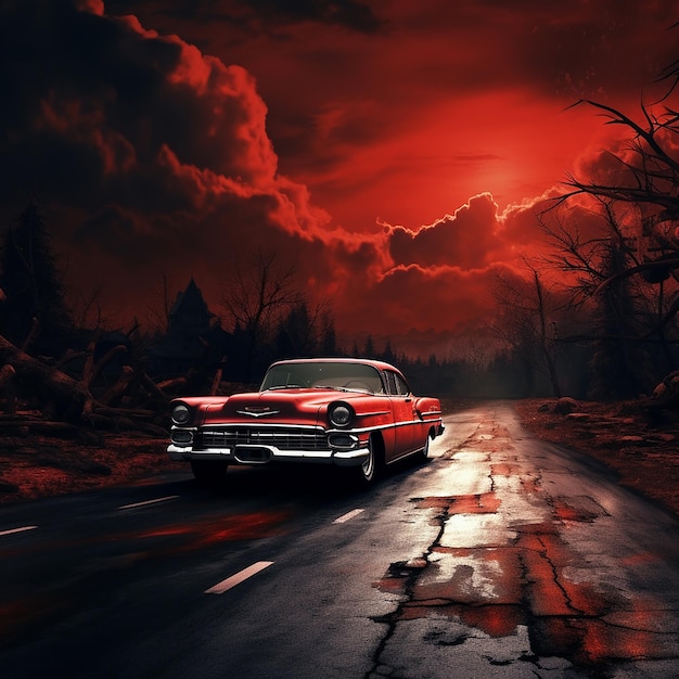 Red car on the road wallpaper by Ai