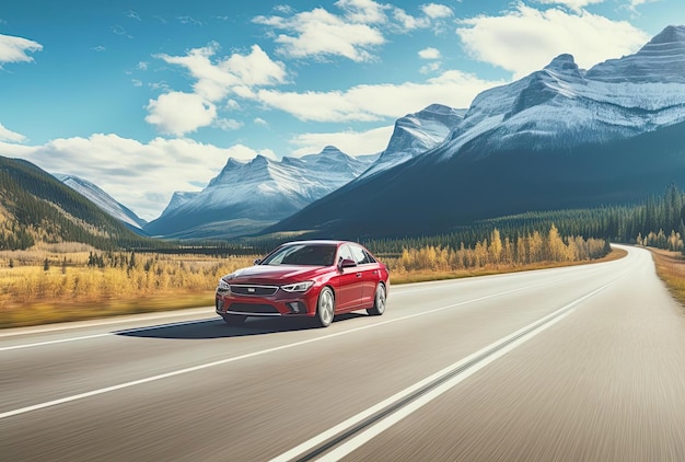 a red car in white driving past mountains in the style of panorama