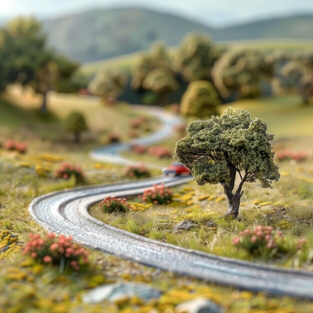 Photo red car on winding road miniature model travelling through picturesque countryside concept of adventure journey vacation and travel destination