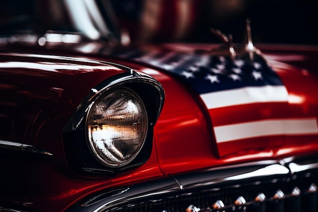 Photo a red car with the american flag on the hood