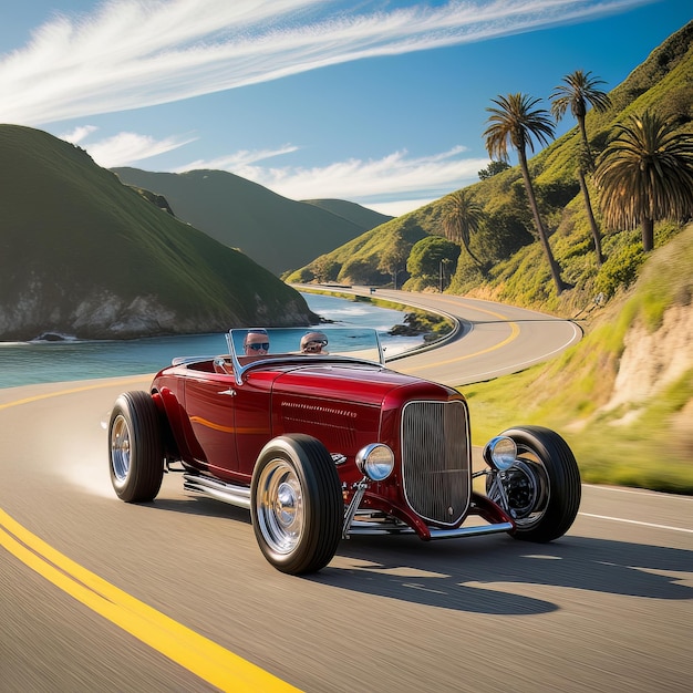 a red car with a black roof is driving down a road