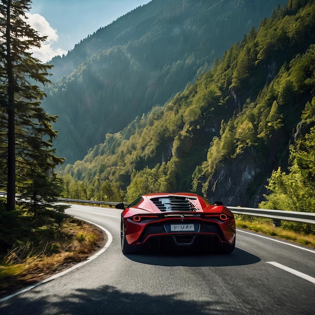 a red car with a black roof is driving down a road