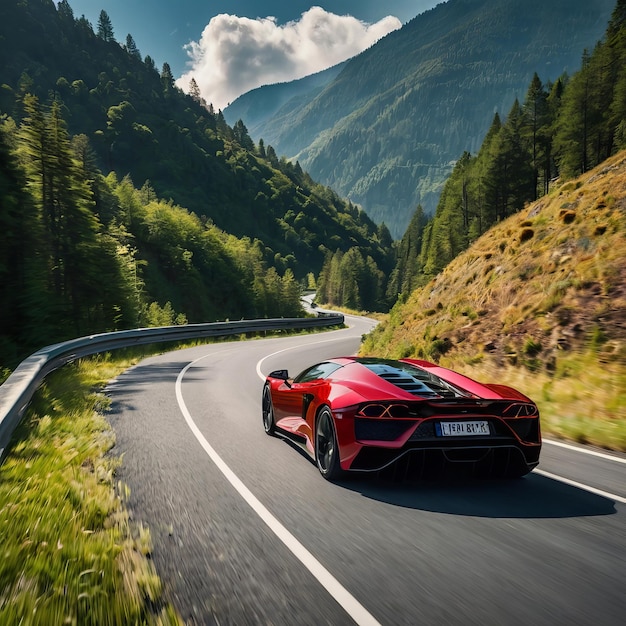 a red car with a black roof is driving down a road