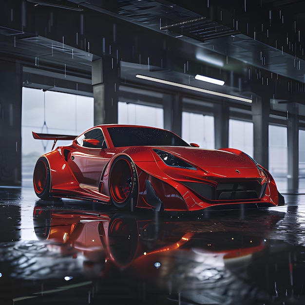 a red car with a black tail fin sits in a puddle