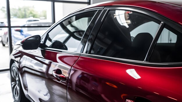 A red car with the door open and the door open.