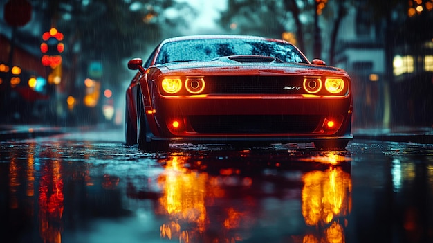 Photo a red car with the headlights on is driving in the rain