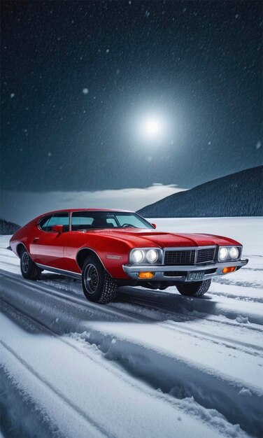 a red car with the headlights on is driving in the snow