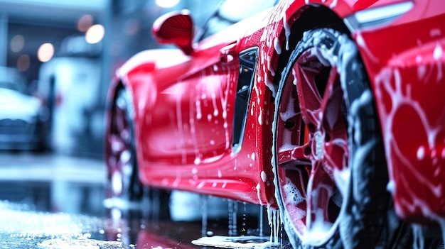 a red car with a red body is on display