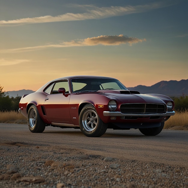 a red car with a red stripe is driving down a dirt road