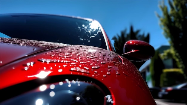 Red car with water drops on it