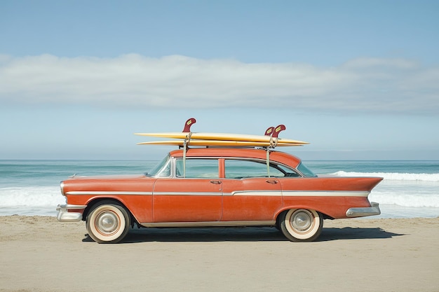 Photo a red car with a yellow surfboard on top of it