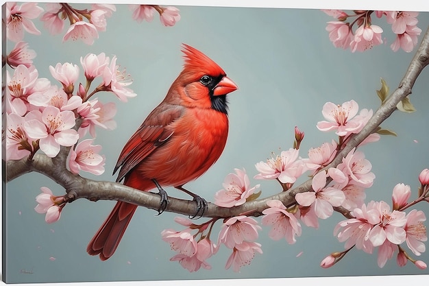 Photo red cardinal on cherry blossom branch