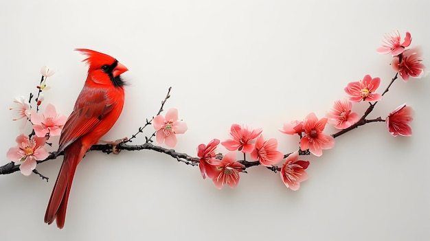 Photo a red cardinal sits on a branch with cherry blossoms