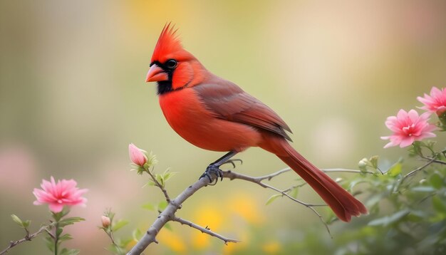 Photo a red cardinal sits on a branch with a flower in the background