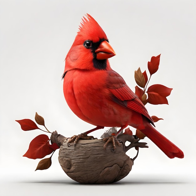 a red cardinal sits in a round pot with a plant in it