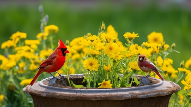 Red cardinals perch inside a large planter with yellow flowers on the ground